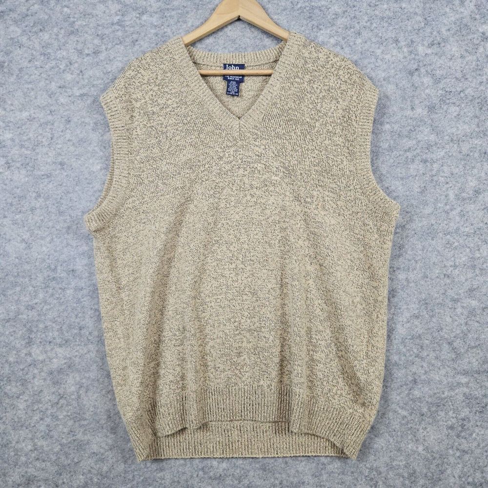 John Blair Men's Sweater Vest Size Large Tan V-Neck Acrylic Wool Nylon Polyester